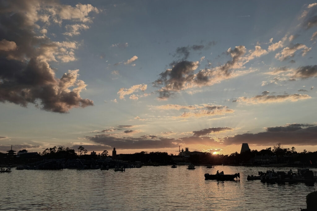 beautiful sunset over a lagoon at EPCOT