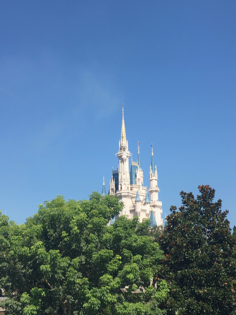 castle in the distance with trees and soft daylight framing the scene